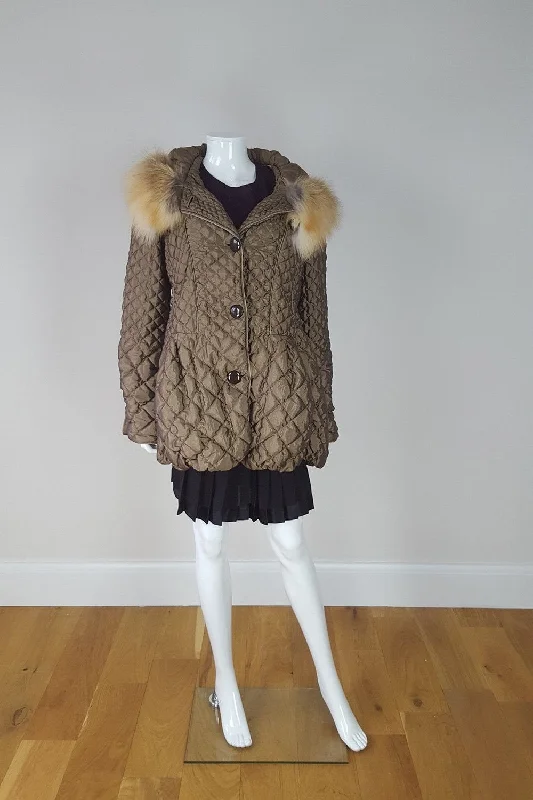 CARLA BUTTI Brown Quilted Padded Fur Trim Coat (44) Pastel Wool Peacoat