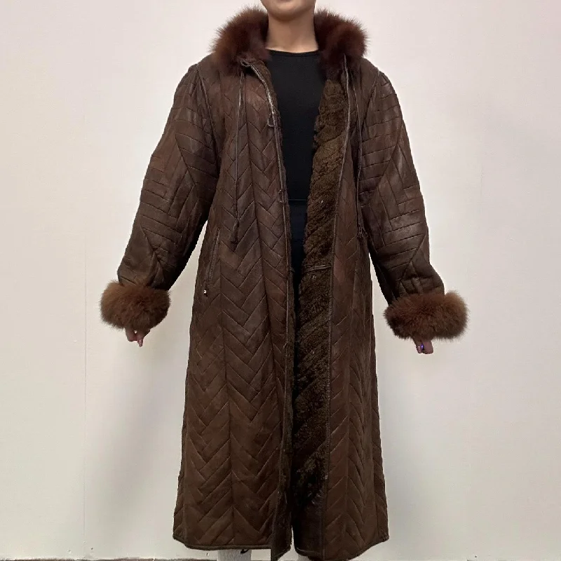 CHRIST Women's Shearling Leather Long Brown Coat - UK 14-16 Plush Faux Fur Bolero