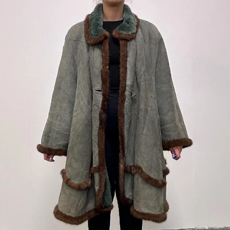 Confezioni in Pelle Sheepskin Shealing Suede Green Coat UK 16 Casual Open-Front Coat Confezioni in Pelle Sheepskin Shealing Suede Green Coat UK 16 Casual Open-Front Coat