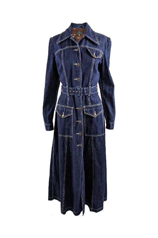 Vintage Full Length Belted Denim Maxi Coat, 1990s Fitted Tailored Blazer