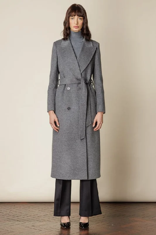 Dita Wide Peak Coat (Belted) - Grey Wool Cashmere Buttoned Peplum Coat