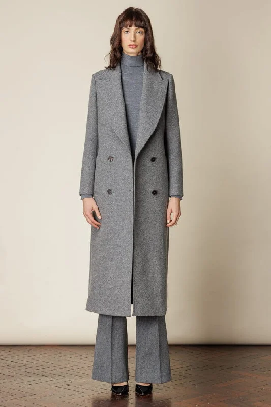 Dita Wide Peak Coat - Grey Wool Silk Draped Longline Jacket