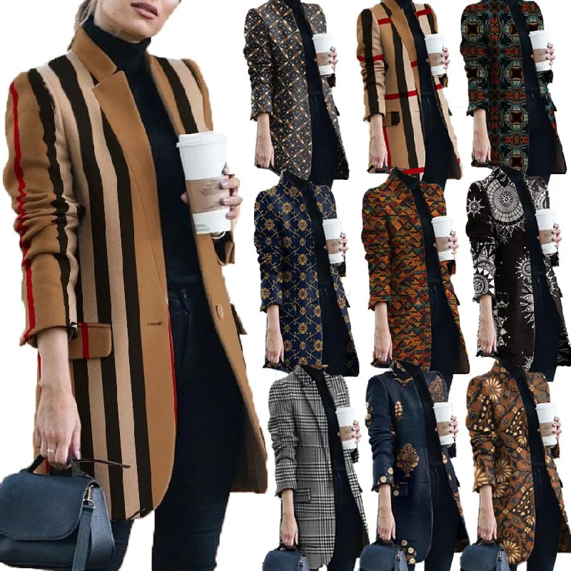 Fashion Printed Stand-Collar Woolen Coat Women Sleek Leather Jacket