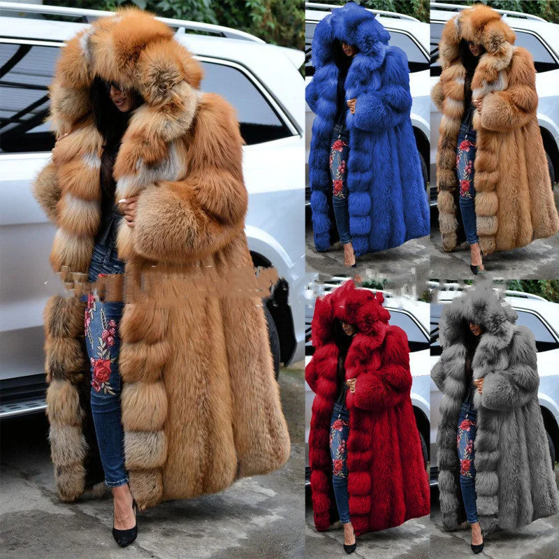 Faux Fur Coat Women Long Hooded Fur Coat Classic Trench Coat