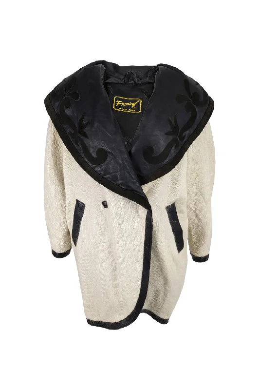 Vintage Cream Kid Mohair Faux Leather Collar Cocoon Coat, 1980s Lightweight Windbreaker