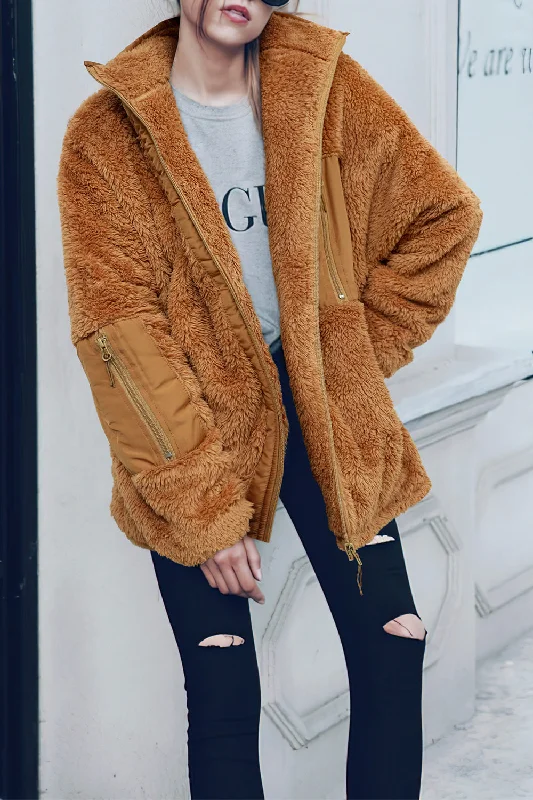 Full Zip Collared Outerwear Loose Fleece Teddy Coats Double-Layered Poncho