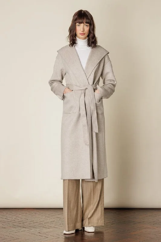 Hooded Double Faced Wrap Coat - Lt Brown Melange Fitted Faux Suede Blazer