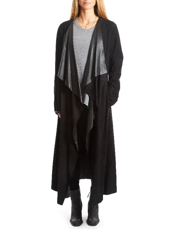 Black Suede Long Waterfall Coat Quilted Hybrid Jacket