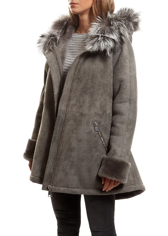 Light Grey Sheepskin Duffle Coat Stretch Fit Moto Jacket