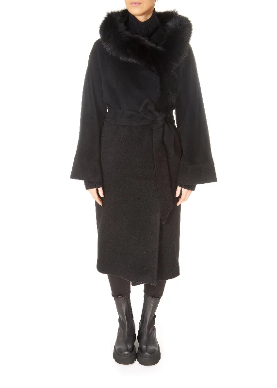 Jessimara Long Hooded Wool Blend Coat Black Structured Wool Blazer