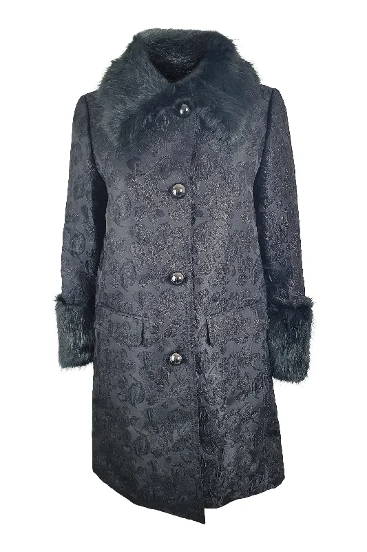 KATE SPADE Black Dashing Beauty Metallic Jacquard Faux Fur Trim Coat (US 0 | UK 4) Fleece Lined Windbreaker