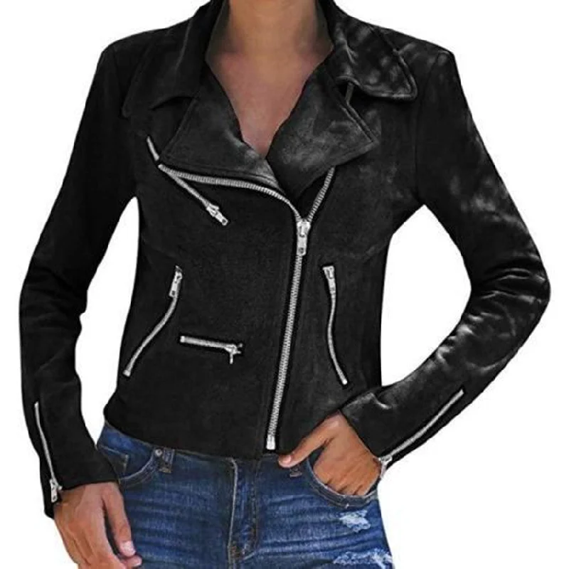 Lapel inclined multiple zipper short coat Stretchy Active Jacket