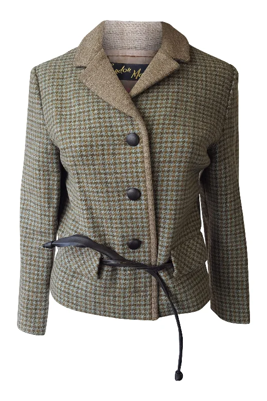 LONDON MAID Vintage Green Dogtooth Check Wool Coat (S) Long Hooded Anorak