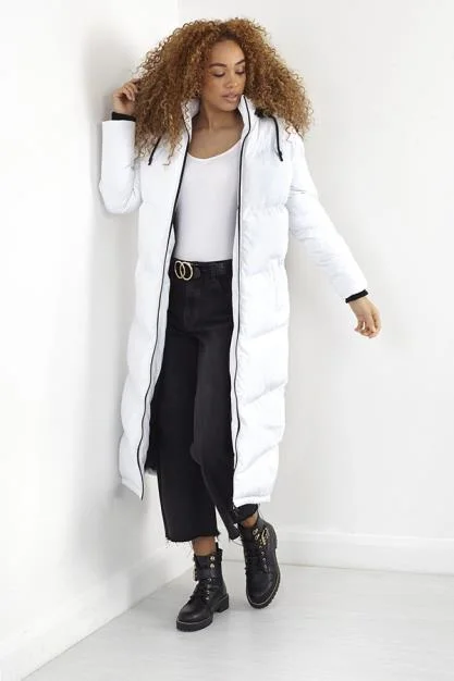 LONG CHEVRON PADDED COAT WITH HOOD Open-Knit Duster Coat