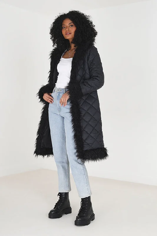 LONG QUILTED COAT WITH MONGOLIAN FAUX FUR TRIMS Elegant Wool Jacket