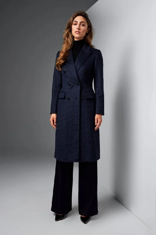 Loren Coat - Navy and Black Mini Houndstooth Wool Polished Tailored Coat