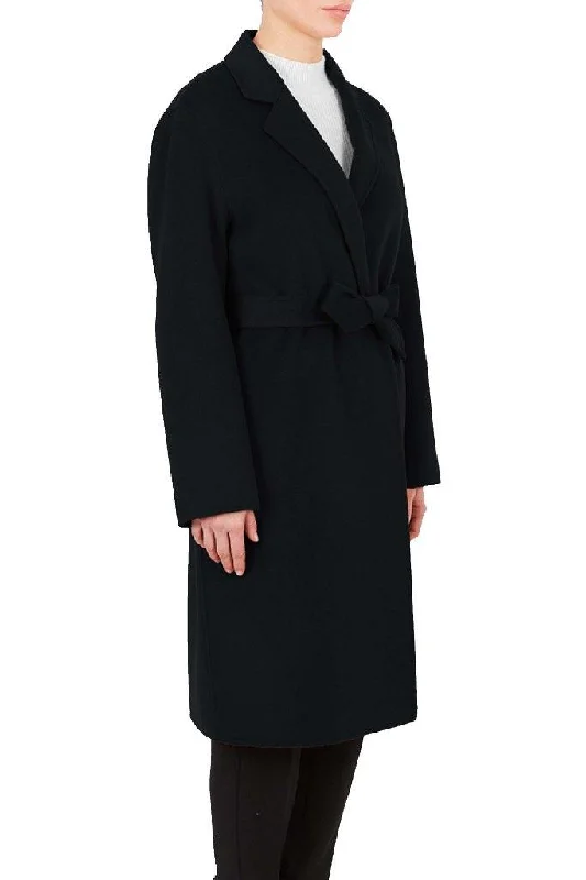 'Maguie' Black Wool Belted Coat Vegan Leather Trench