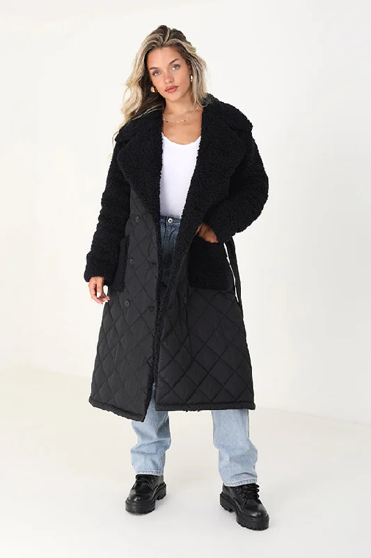 MAXI DIAMOND QUILTED COAT WITH BORG COLLAR AND SLEEVES Relaxed Utility Shacket