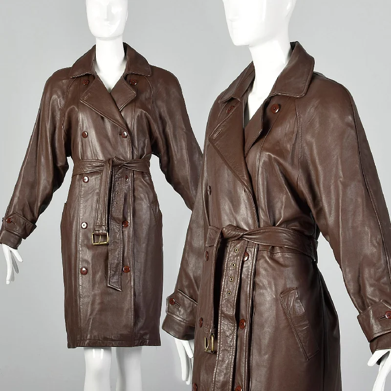 Medium North Beach Leather 1980s Brown Leather Coat Hooded Raincoat Women