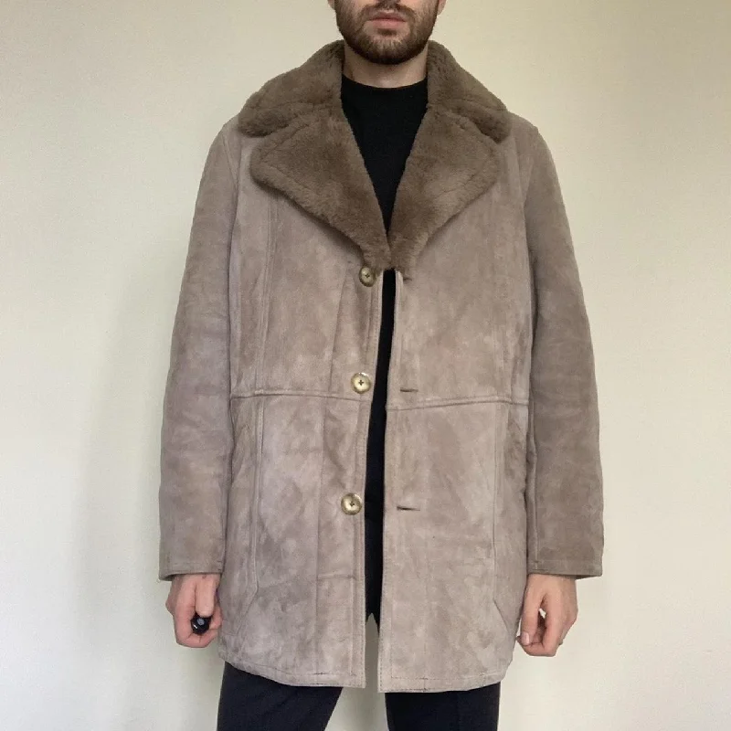 Men's Dove Grey Classic Sheepskin Coat - Large Insulated Snow Jacket