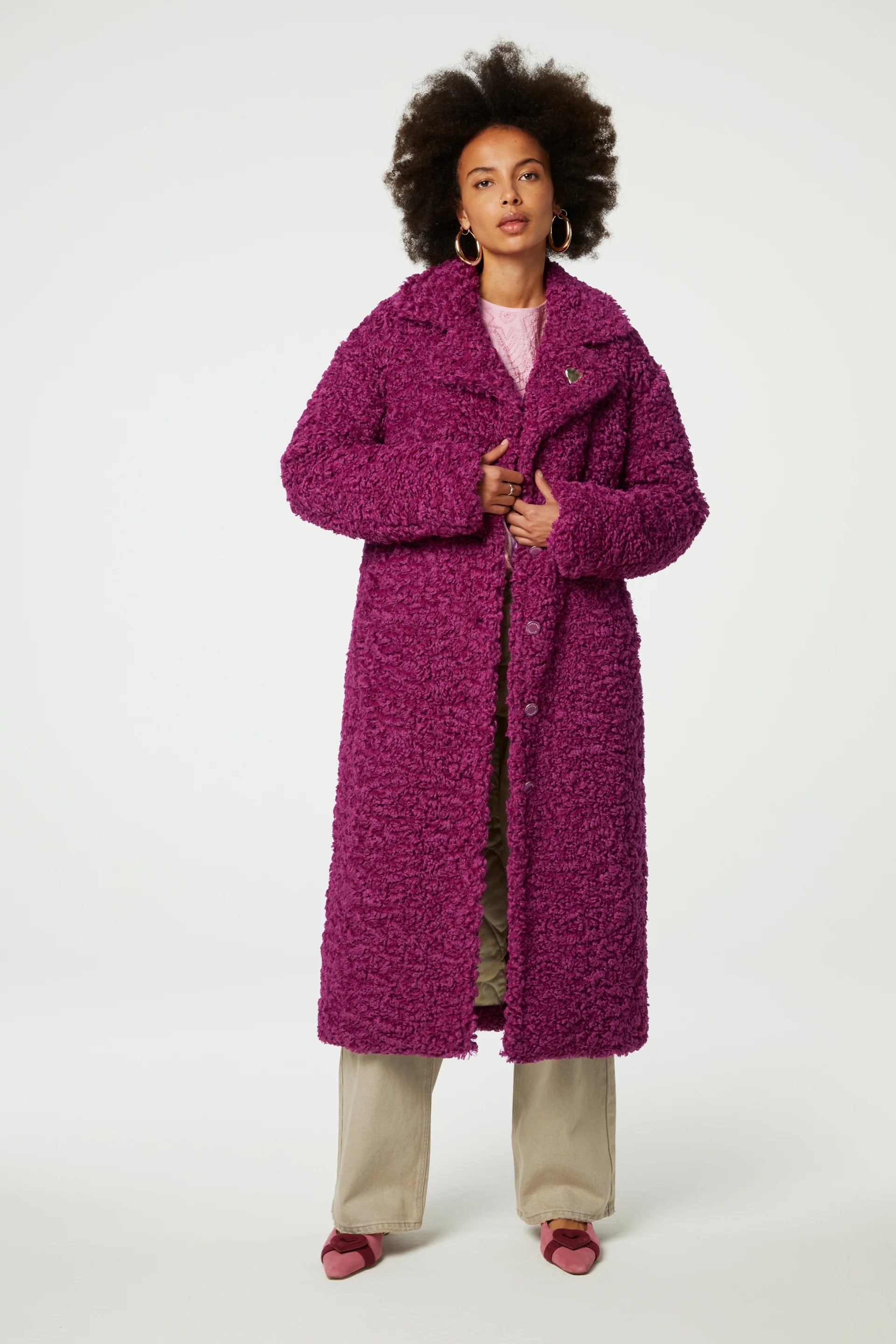 Nicole Faux Fur Raspberry Coat Puff Shoulder Coat