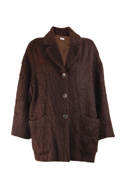 Womens Brown Vintage Mohair & Wool Oversized Coat, 1980s Stretchy Active Jacket