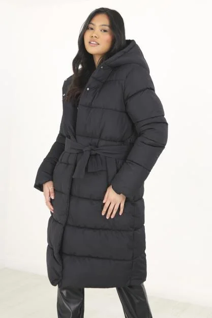 PADDED BELTED MAXI COAT WITH FIXED HOOD Trendy Puffer Vest