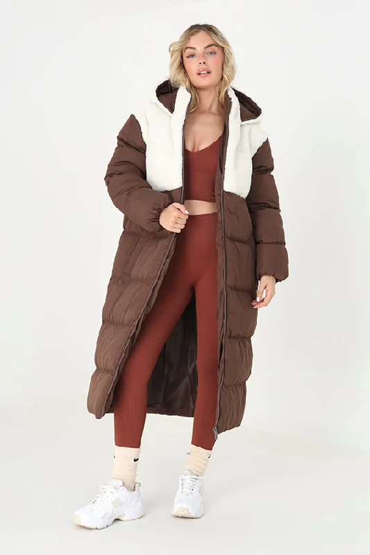 PADDED MAXI COAT WITH BORG PANEL AND HOOD Double-Layered Poncho