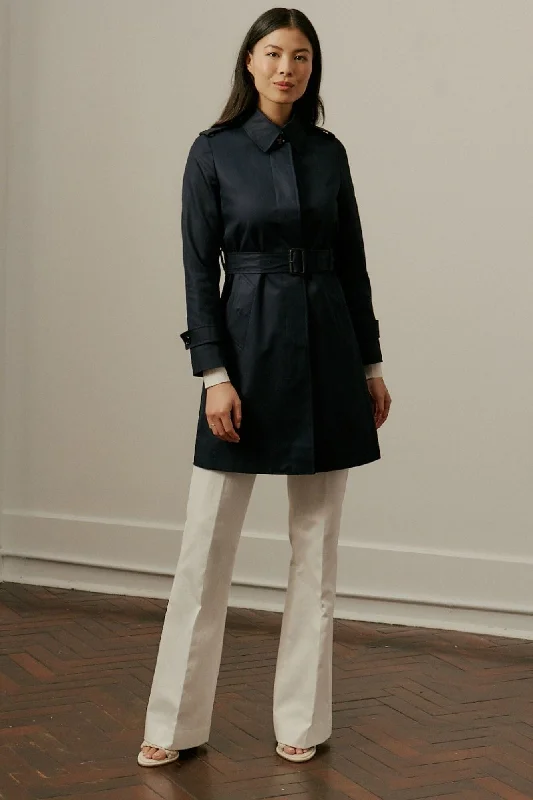 Penny Car Coat - Navy Cotton Gabardine A-Line Swing Coat