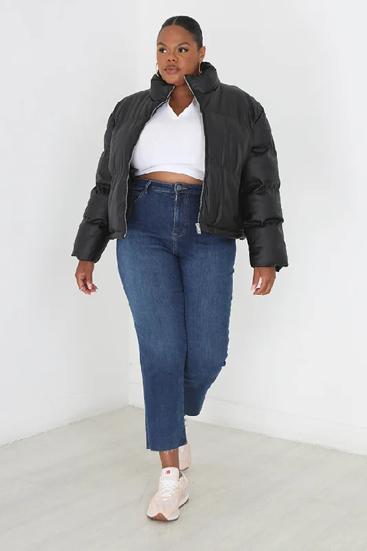 PLUS SIZE BLACK MATTE FAUX LEATHER PADDED COAT Polished Tailored Coat