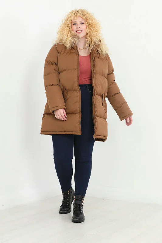 PLUS SIZE TOFFEE LONGLINE PADDED HOODED COAT Suede Fringe Jacket