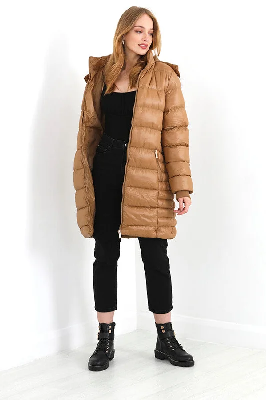 TOFFEE LONGLINE BELTED FAUX FUR HOOD DETAIL PADDED COAT Adjustable Waist Parka