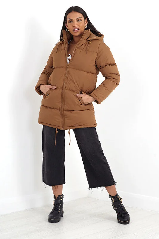 TOFFEE PADDED PUFFER STYLE LONG HOODED COAT Zipper Front Biker Jacket