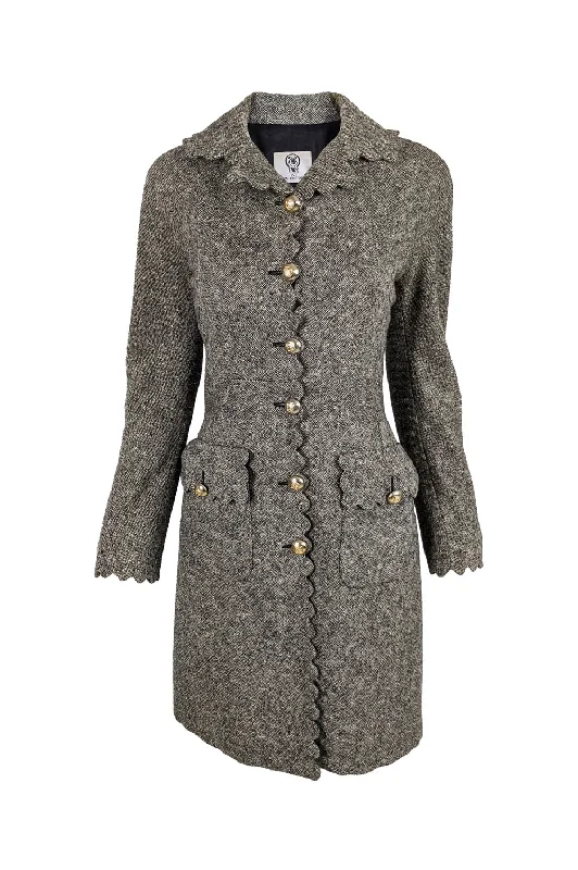 Vintage Womens Scalloped Edge Grey Wool Tweed Coat, 1990s Vintage Suede Jacket