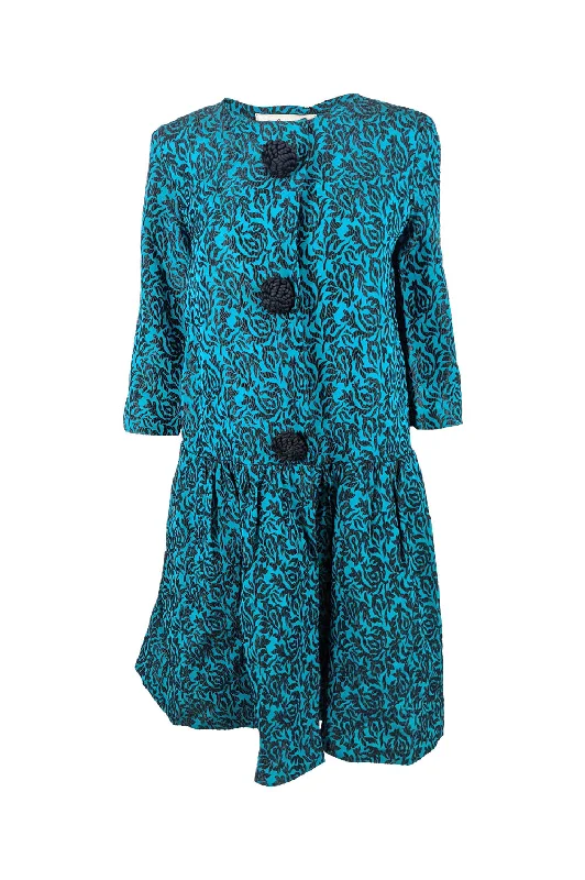 Vintage Blue & Black Brocade Oversized Coat, 1960s Cropped Moto Jacket