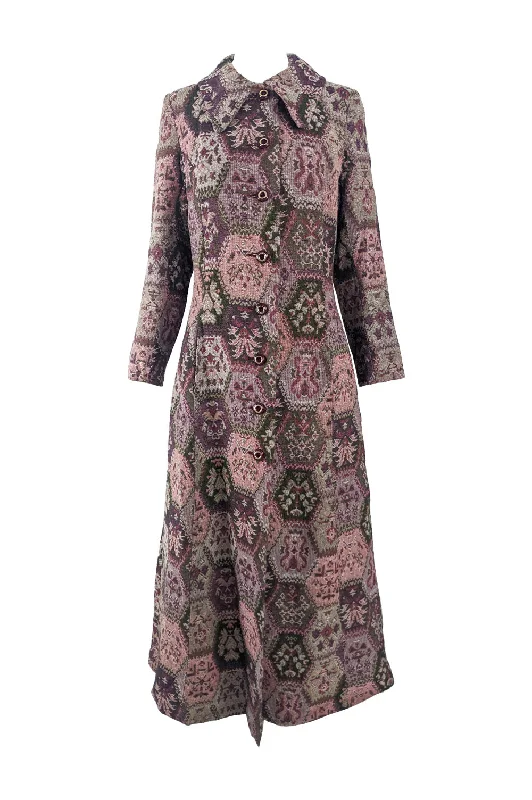 Vintage Womens Tapestry Carpet Maxi Coat, 1970s Warm Hooded Poncho