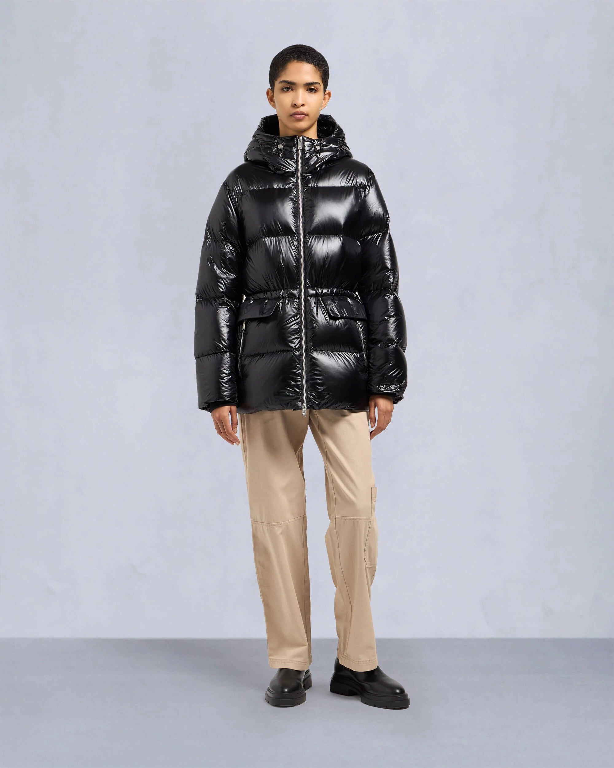 Whitney Shiny Black 3Q Puffer Coat Cozy Knitted Poncho