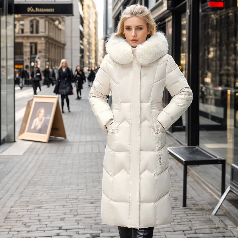 Warm and Elegant Women Long Coat with Thick Fur Collar Waterproof Rain Jacket