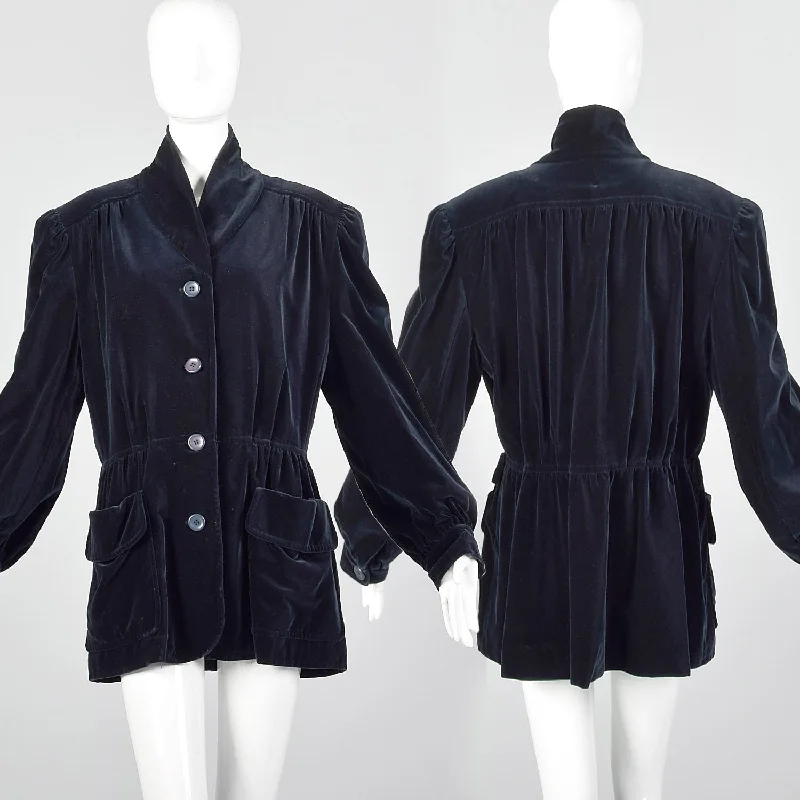 XL Escada 1980s Navy Blue Velvet Parka Coat Embroidered Kimono Coat