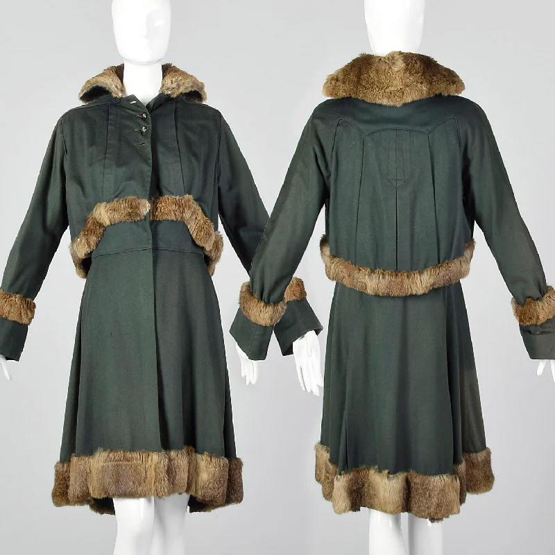 XS 1910s Green Wool Coat with Rabbit Fur Trim Padded Ski Jacket