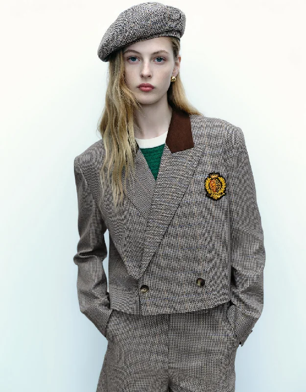 Checkered Cropped Blazer Women's Patchwork Suit