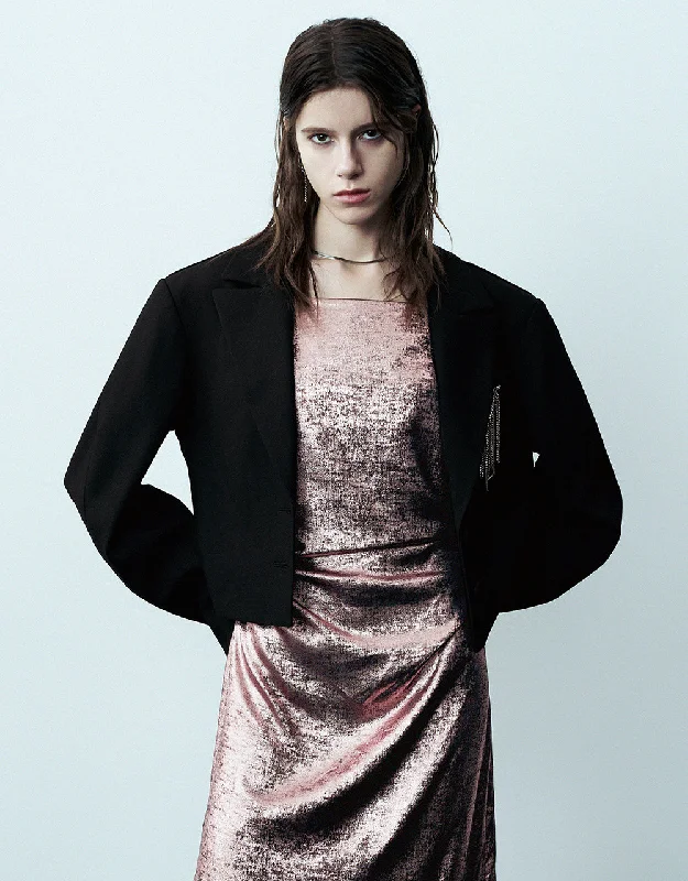 Cropped Blazer With Chain Décor Linen Women's Suit