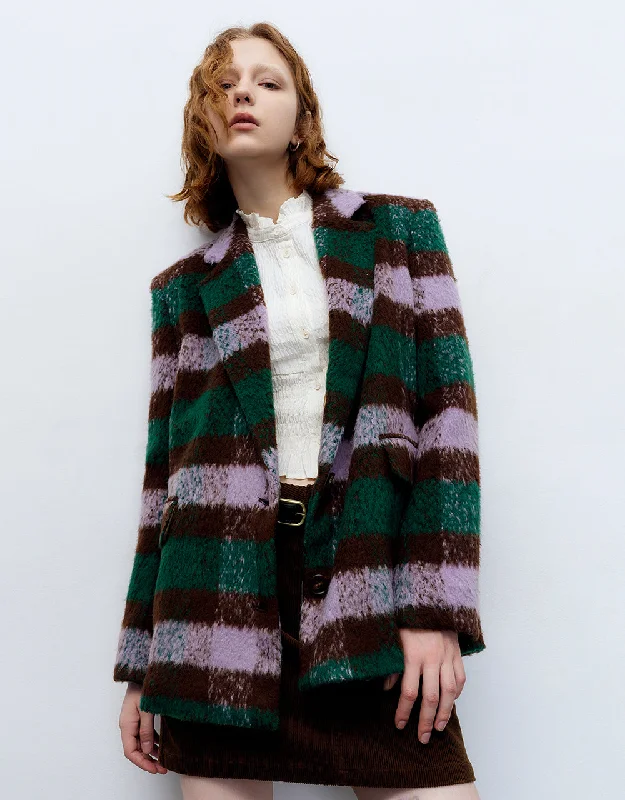 Furry Plaid Blazer Women's Trendy Jacket