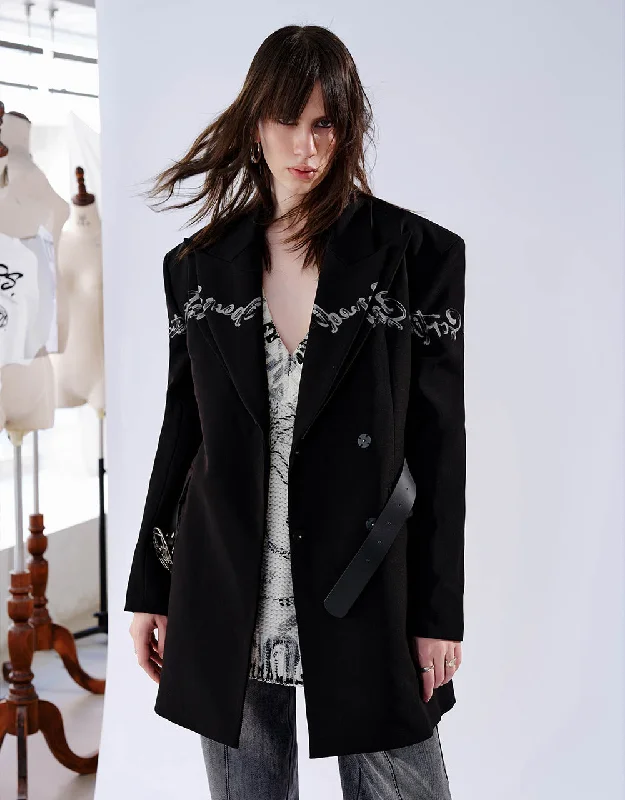 Letter Printed Tailored Blazer With Belt Women's Premium Blazer