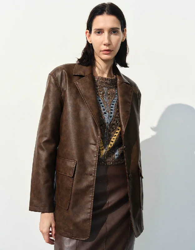 Notch Lapel Vegan Leather Tailored Blazer Women's Lightweight Blazer