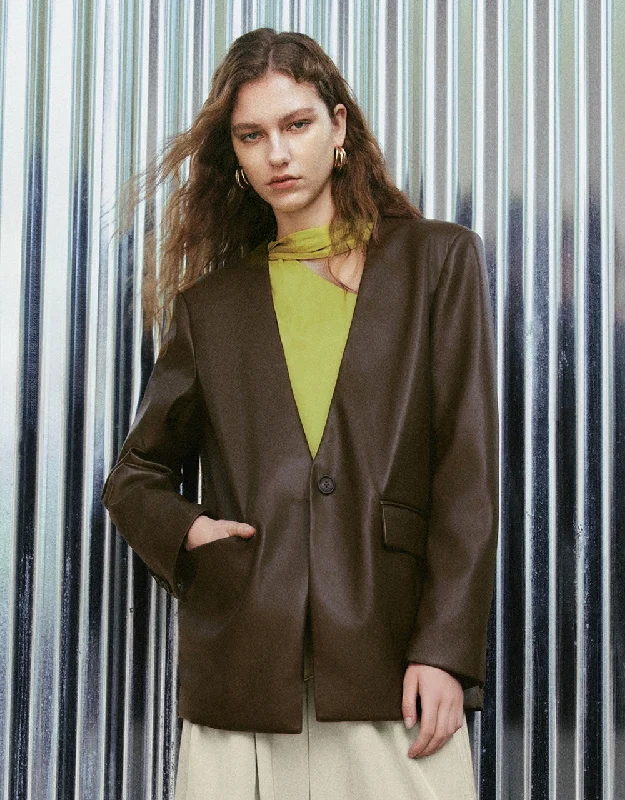 Vegan Leather V-Neck Blazer Women's Luxurious Jacket