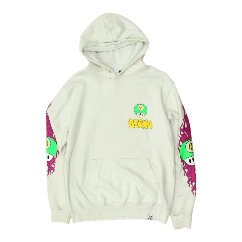 Berna Mens White Pullover Mushroom Graphic Hoodie | Designer Streetwear Hoody Ruffle Neck Pullover