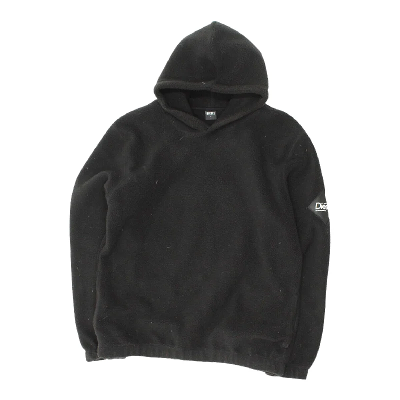 Diesel Mens Black Pullover Fleece Hoodie | Casual Outdoors Streetwear Hoody Asymmetrical Hem Sweater