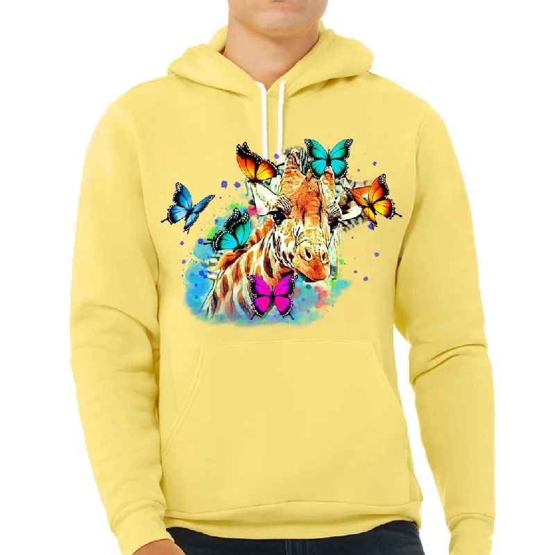 Giraffe & Butterflies Colorful Watercolor Design Unisex Fleece Pullover Hoodie Surplice Neck Pullover