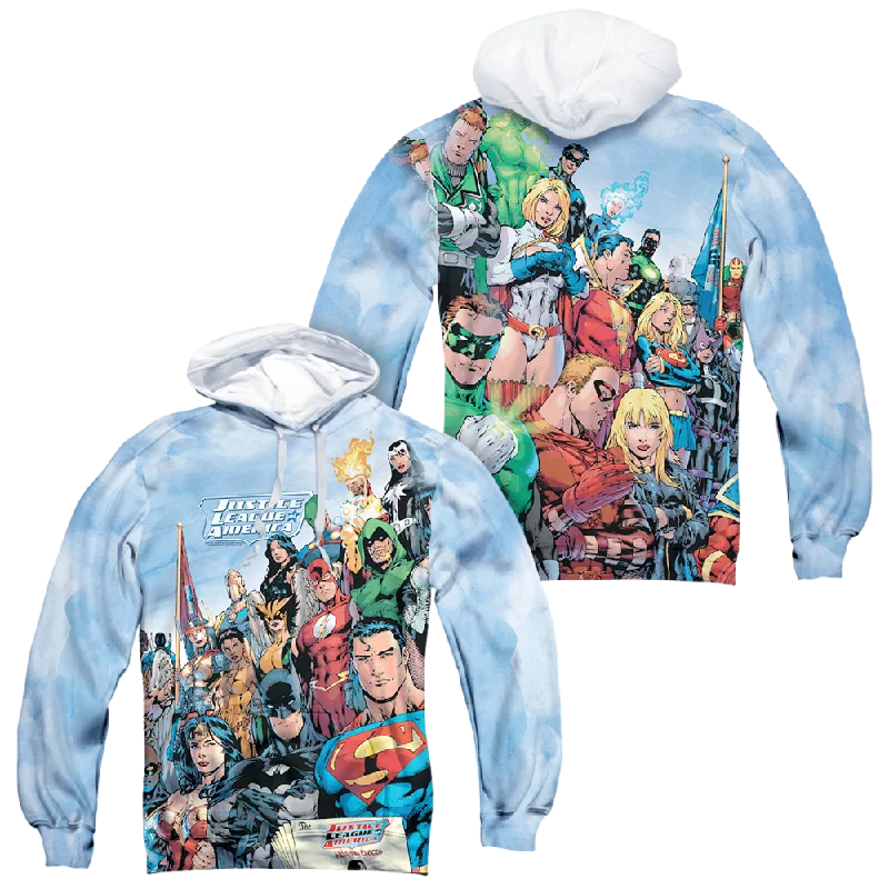 Justice League Justice League Of America All-Over Print Pullover Hoodie Faux Fur Trim